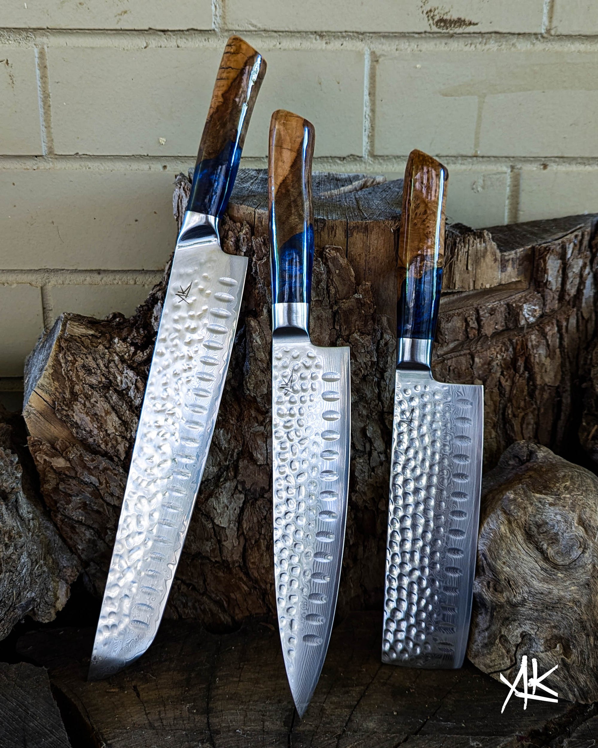 3 Knife Set - Chef, Nakiri & Brisket - Bimble Burl w/ Multi Blue Epoxy