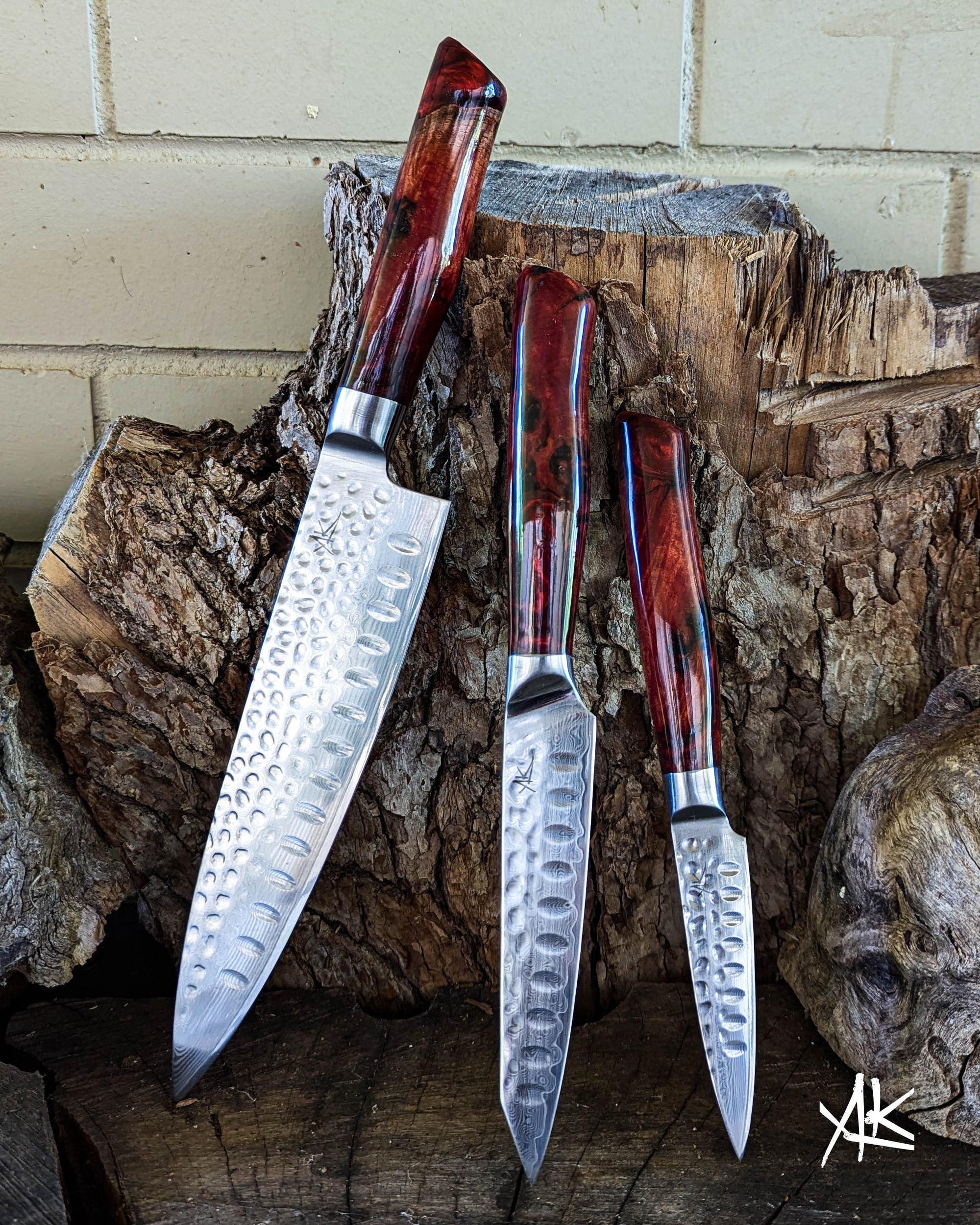 3 Knife Set -Paring, Utility & Chef - Red Gum Burl w/ Red Epoxy