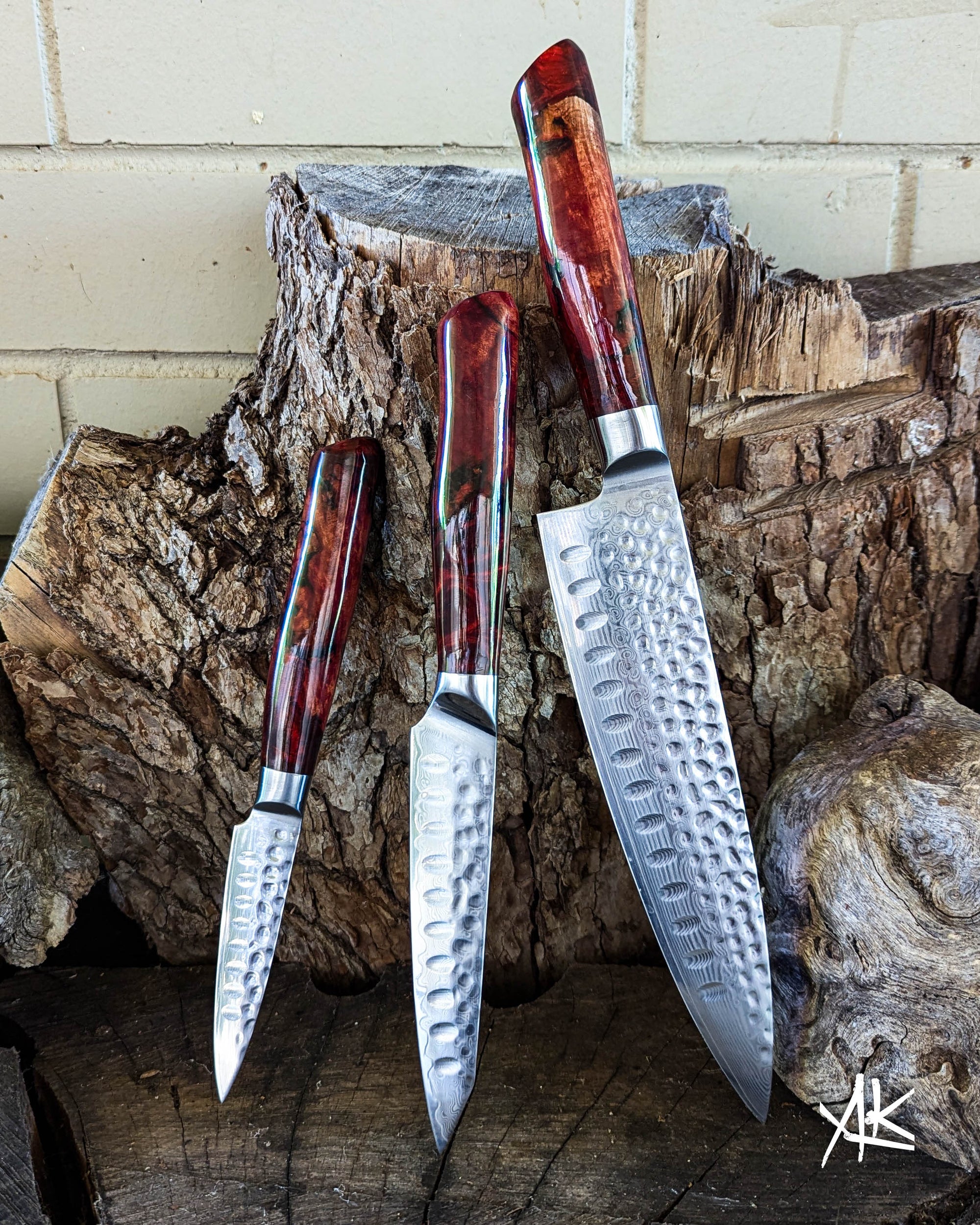 3 Knife Set -Paring, Utility & Chef - Red Gum Burl w/ Red Epoxy