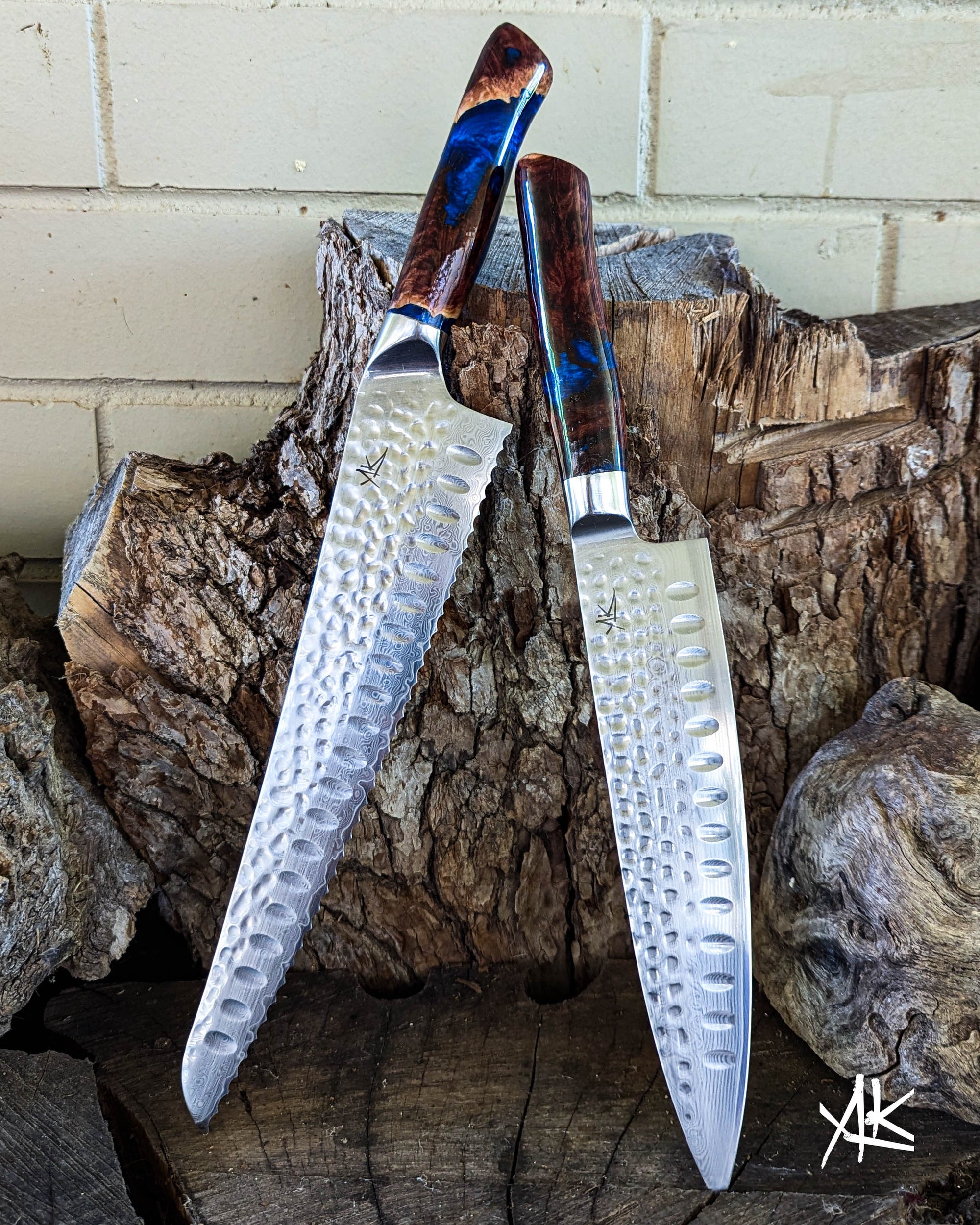 2 Knife Set - Chef & Bread - Red Mallee Burl w/ Azure Blue Epoxy