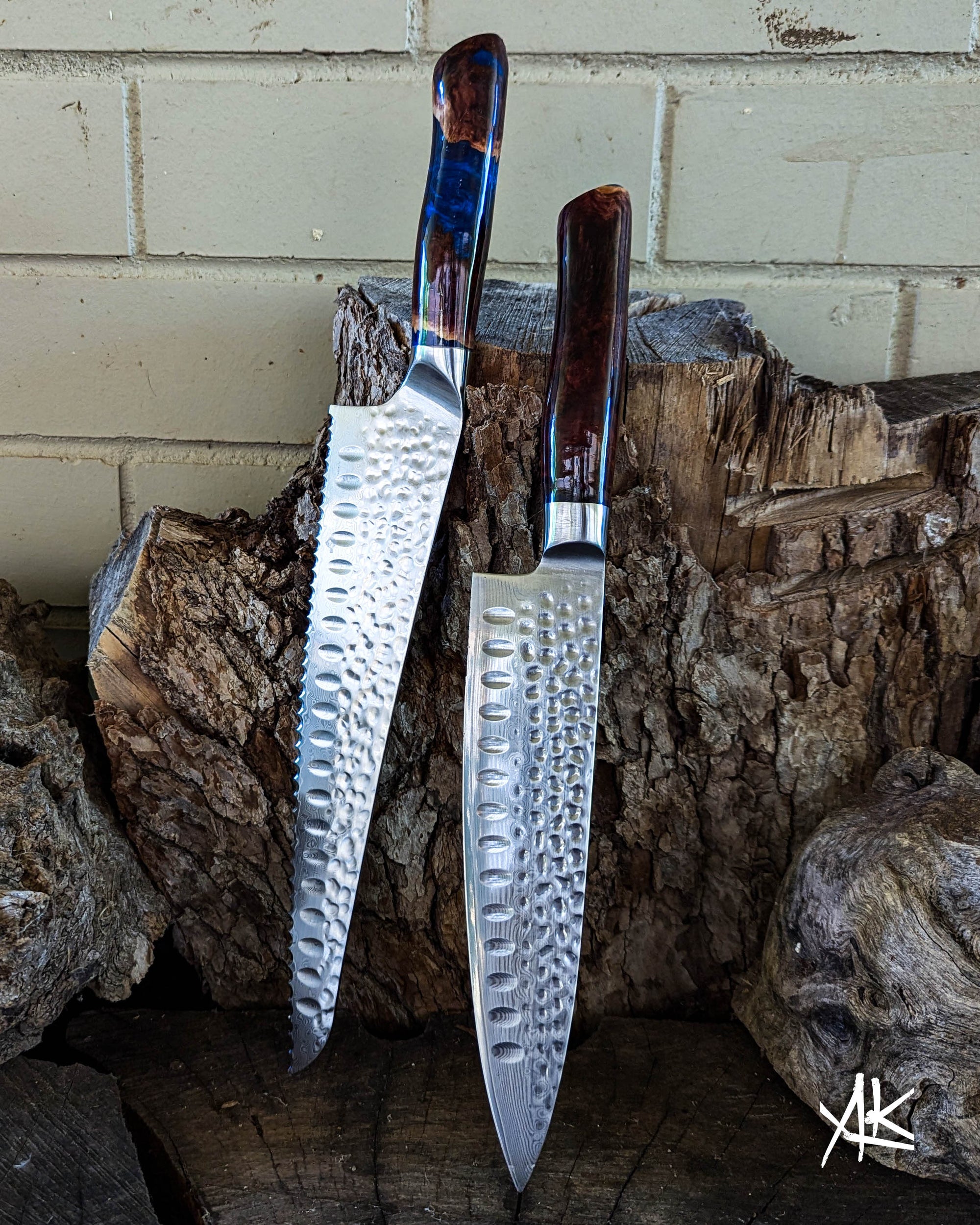 2 Knife Set - Chef & Bread - Red Mallee Burl w/ Azure Blue Epoxy