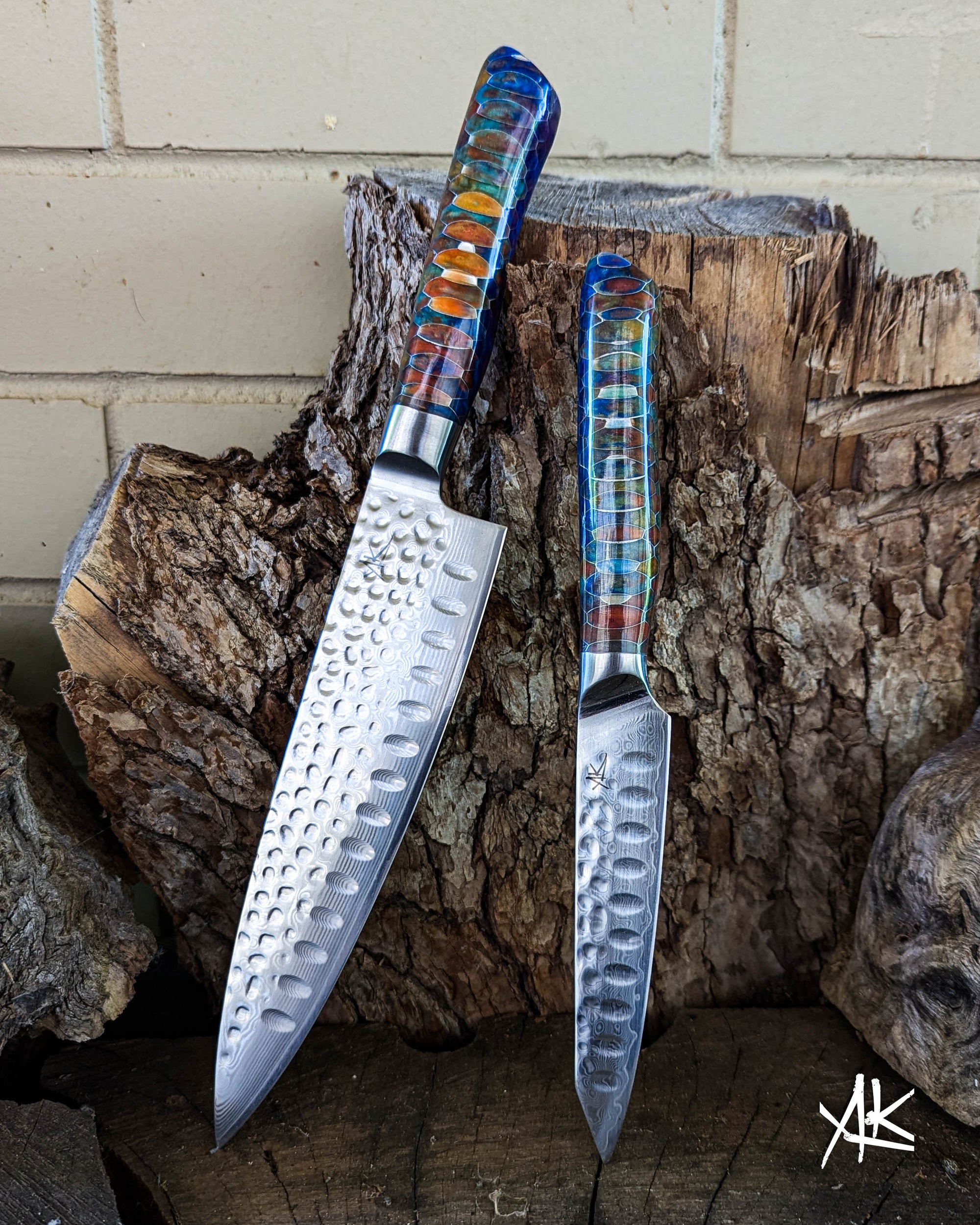 2 Knife Set - Chef & Utility - Honeycomb Aluminium w/ Multi Colour Epoxy