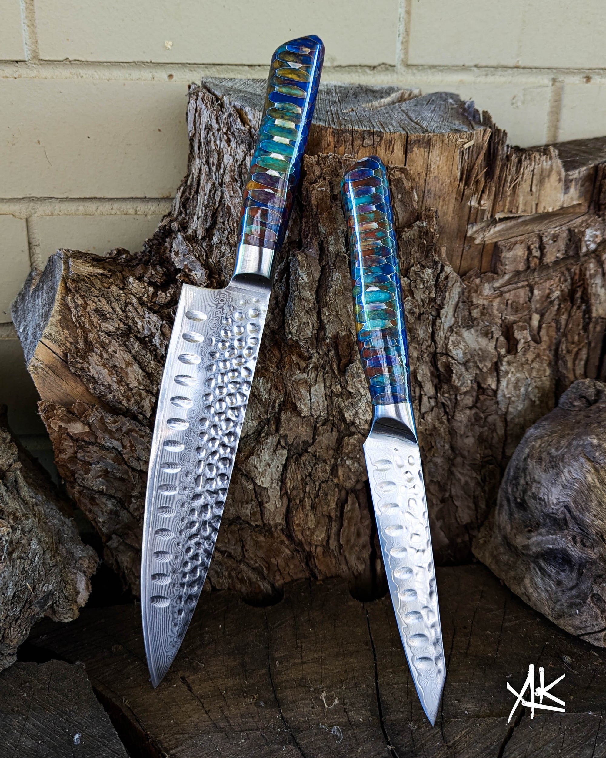 2 Knife Set - Chef & Utility - Honeycomb Aluminium w/ Multi Colour Epoxy