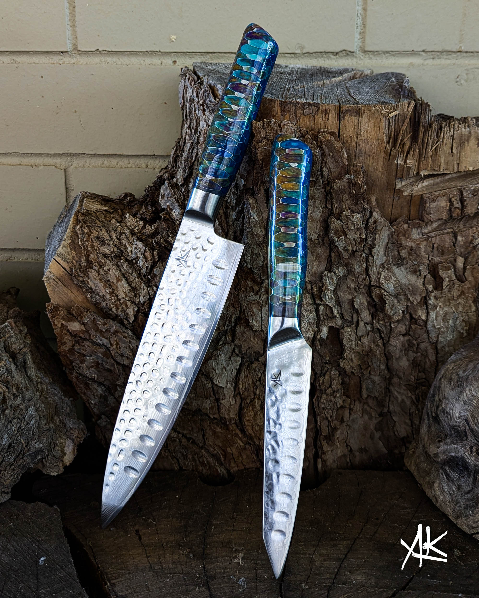 2 Knife Set - Chef & Utility - Honeycomb Aluminium w/ Multi Colour Epoxy