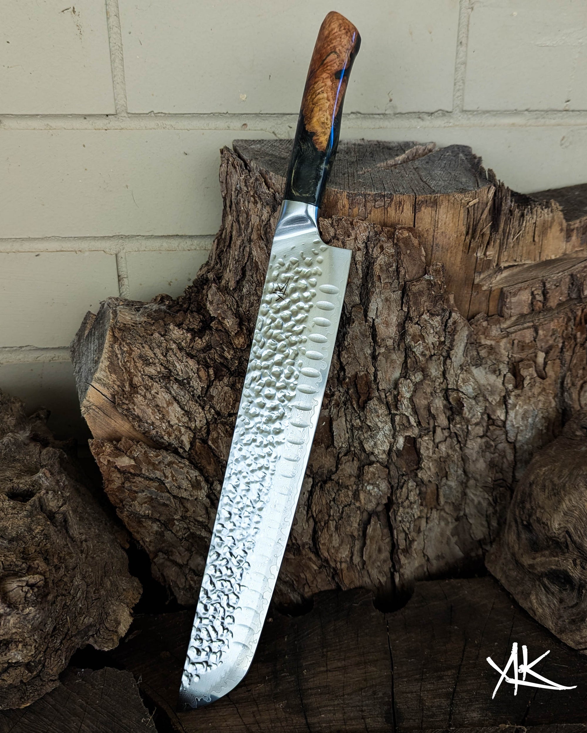 Brisket Knife Yellow Box Burl w/ Olive Green Epoxy 260mm (10.5")