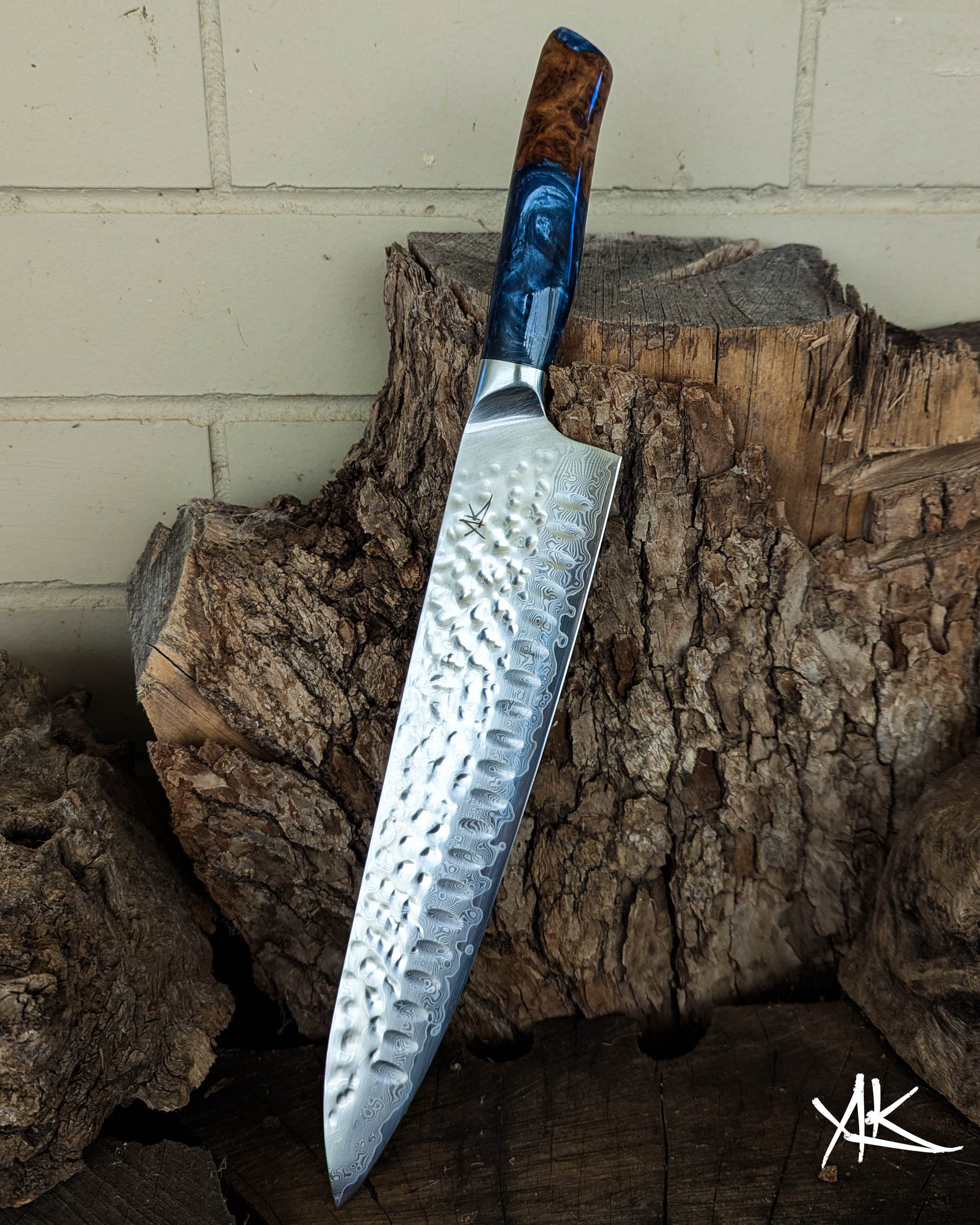 Large Chef's Knife Brown Mallee Burl w/ Dusty Blue Epoxy 250mm (10")