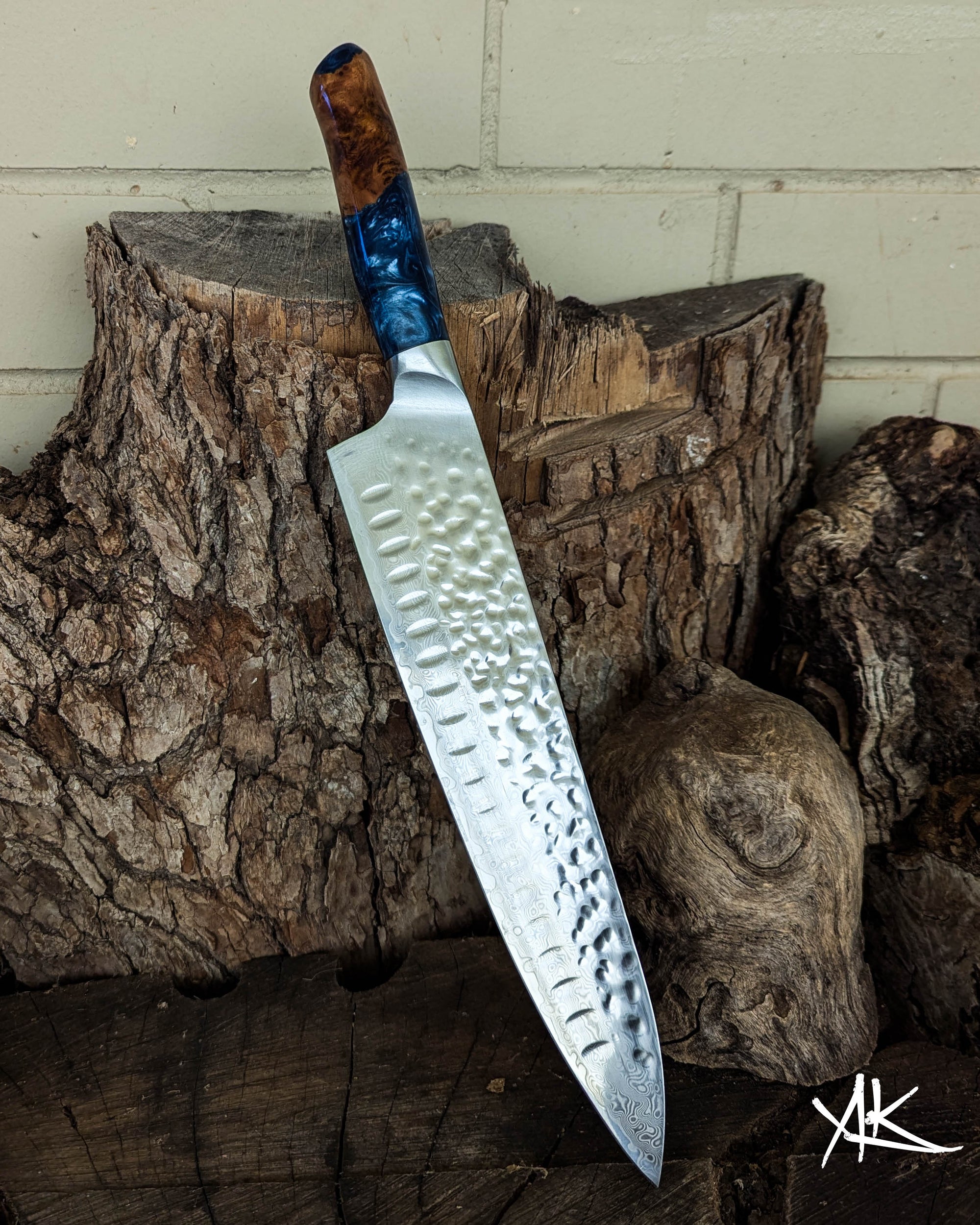 Large Chef's Knife Brown Mallee Burl w/ Dusty Blue Epoxy 250mm (10")