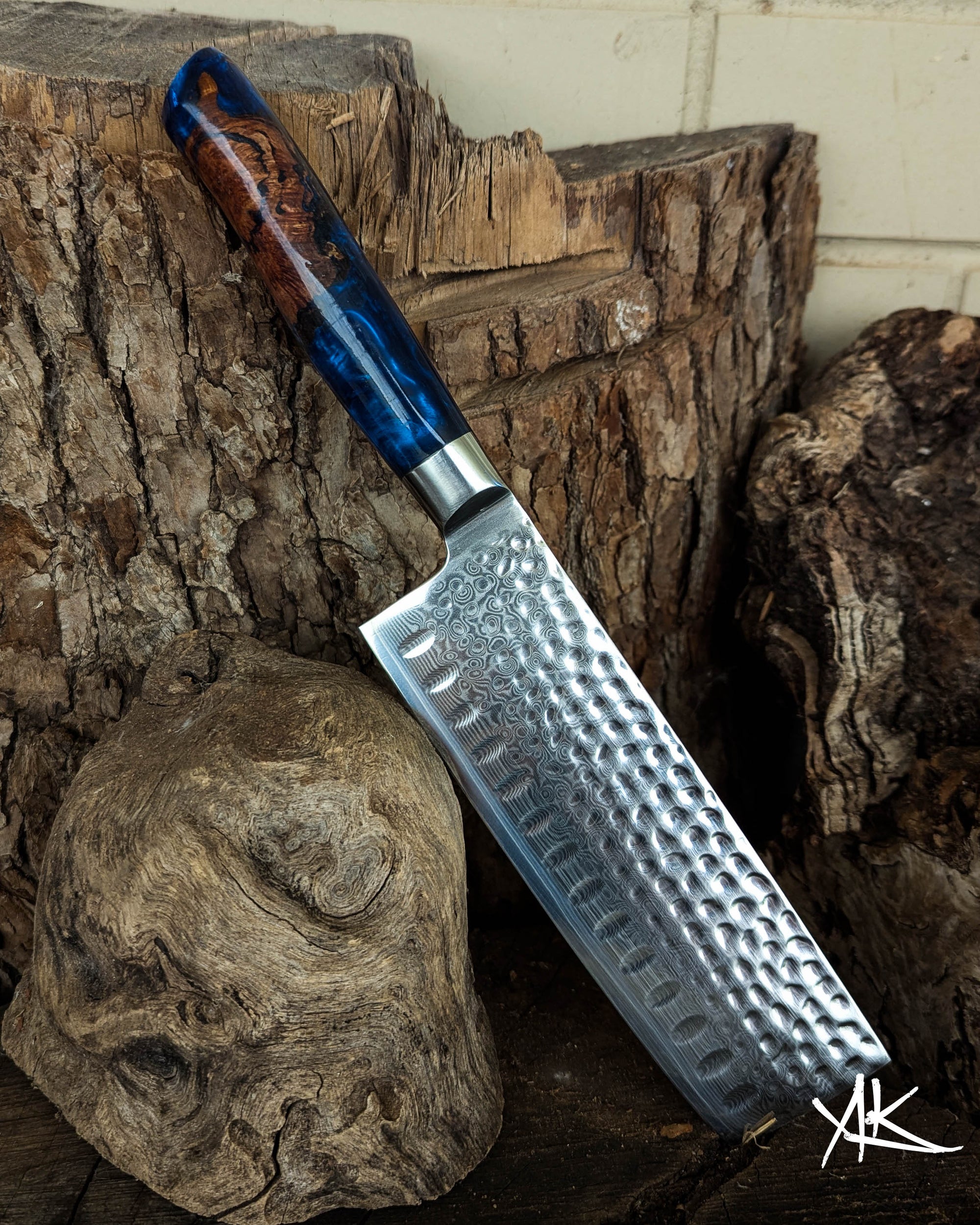 Nakiri Knife Stringybark Burl w/ Azure Blue Epoxy 170mm (6.7")